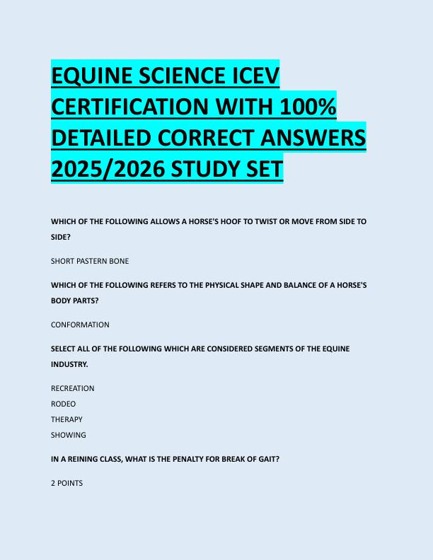 EQUINE SCIENCE ICEV  CERTIFICATION WITH 100%  DETAILED CORRECT ANSWERS  2025/2026 STUDY SET 