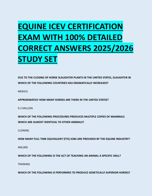 EQUINE ICEV CERTIFICATION  EXAM WITH 100% DETAILED  CORRECT ANSWERS 2025/2026  STUDY SET 