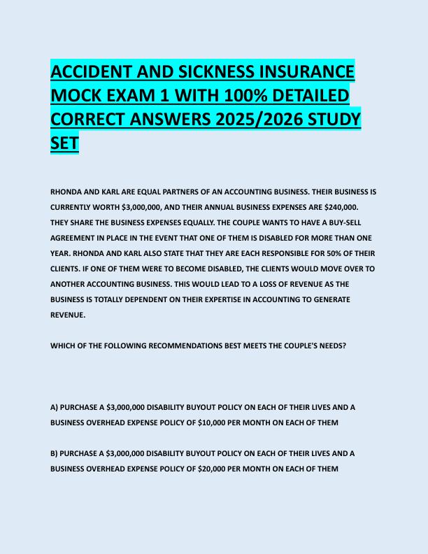 ACCIDENT AND SICKNESS INSURANCE  MOCK EXAM 1 WITH 100% DETAILED  CORRECT ANSWERS 2025/2026 STUDY  SET 