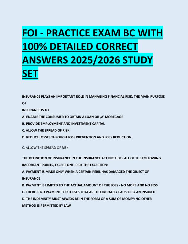 FOI - PRACTICE EXAM BC WITH  100% DETAILED CORRECT  ANSWERS 2025/2026 STUDY  SET 