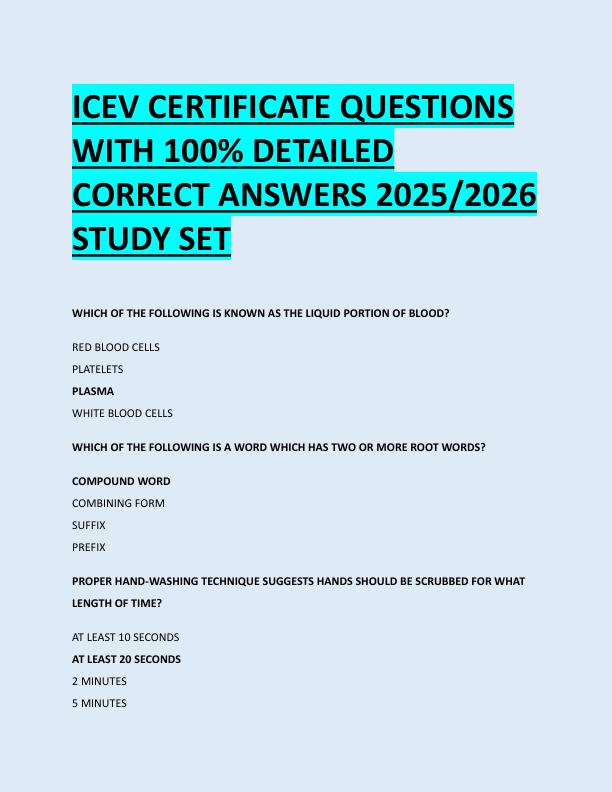 ICEV CERTIFICATE QUESTIONS  WITH 100% DETAILED  CORRECT ANSWERS 2025/2026  STUDY SET 