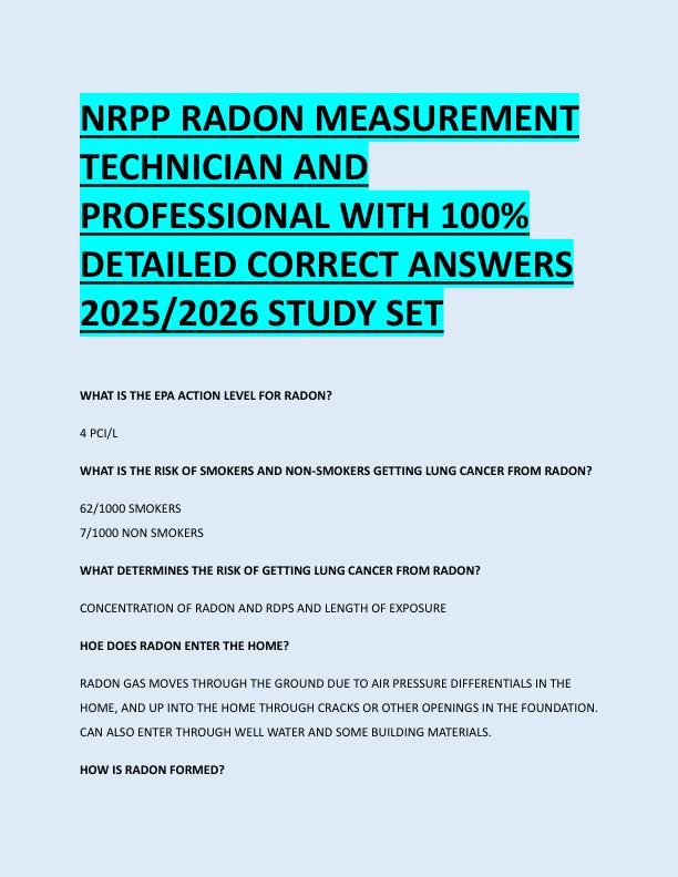 NRPP RADON MEASUREMENT  TECHNICIAN AND  PROFESSIONAL WITH 100%  DETAILED CORRECT ANSWERS  2025/2026 STUDY SET 
