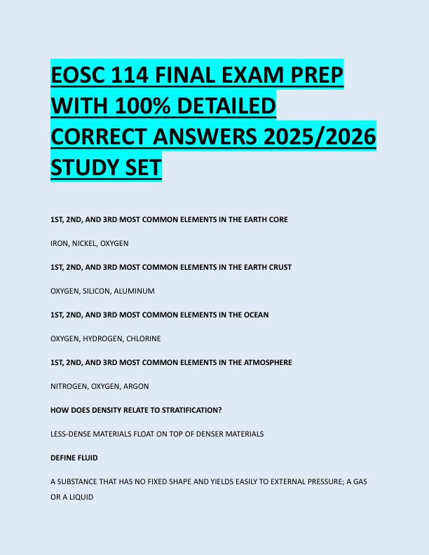 EOSC 114 FINAL EXAM PREP  WITH 100% DETAILED  CORRECT ANSWERS 2025/2026  STUDY SET 