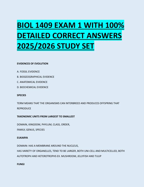 BIOL 1409 EXAM 1 WITH 100%  DETAILED CORRECT ANSWERS  2025/2026 STUDY SET 