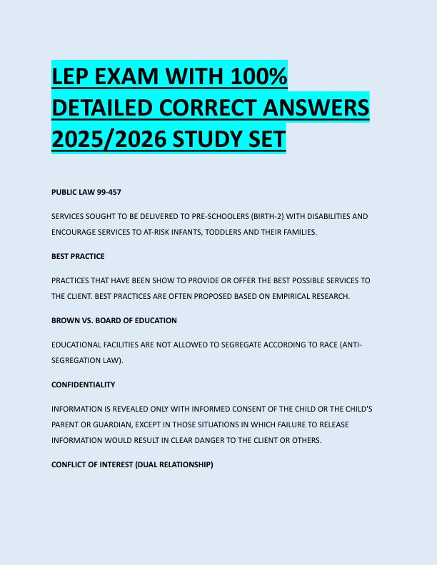LEP EXAM WITH 100%  DETAILED CORRECT ANSWERS  2025/2026 STUDY SET 