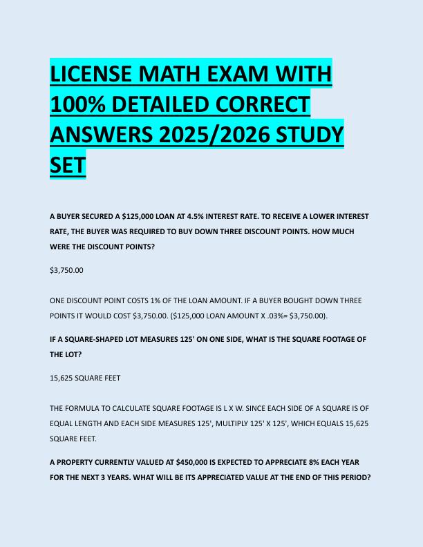 LICENSE MATH EXAM WITH  100% DETAILED CORRECT  ANSWERS 2025/2026 STUDY  SET 