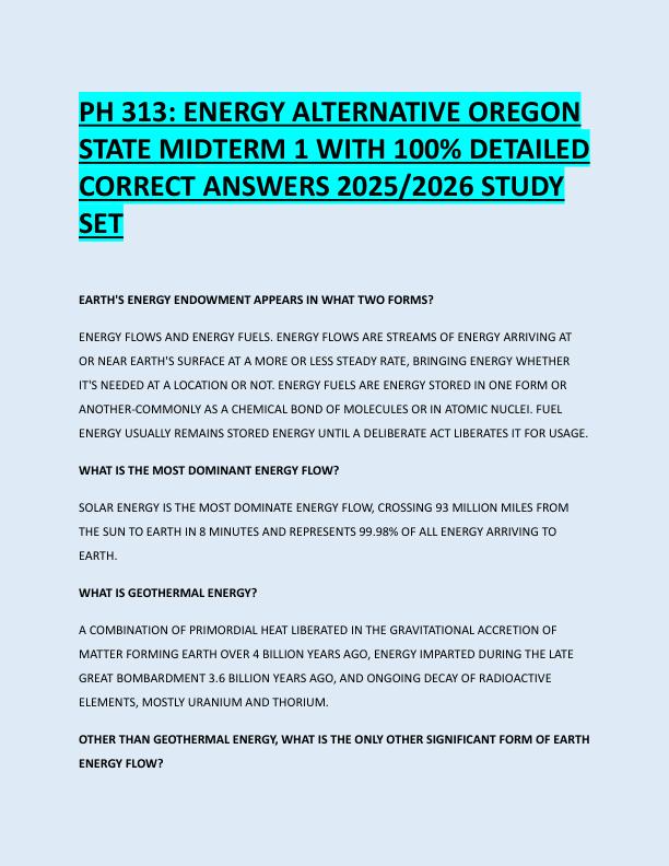PH 313: ENERGY ALTERNATIVE OREGON  STATE MIDTERM 1 WITH 100% DETAILED  CORRECT ANSWERS 2025/2026 STUDY  SET 