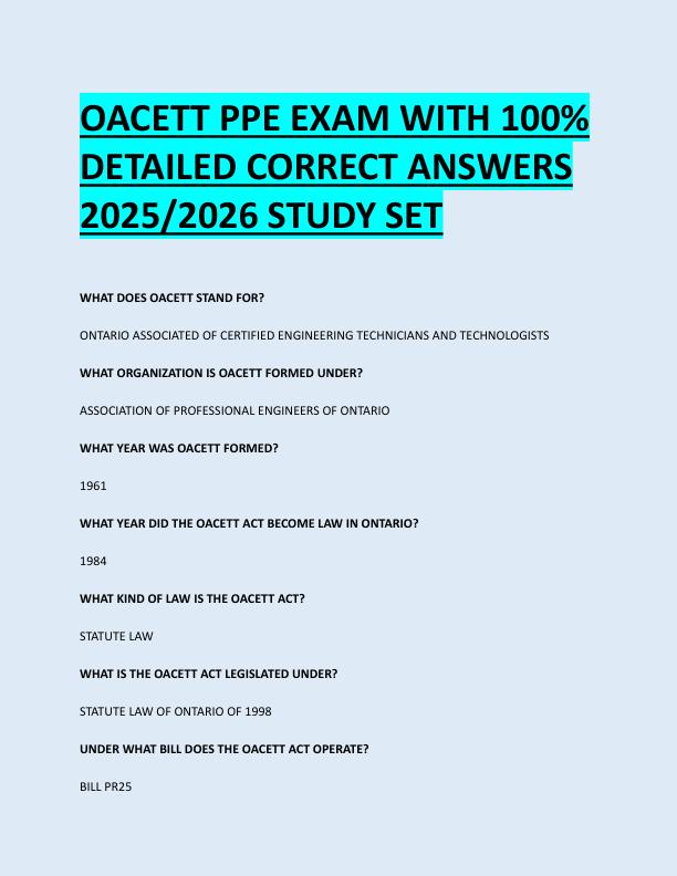 OACETT PPE EXAM WITH 100%  DETAILED CORRECT ANSWERS  2025/2026 STUDY SET 