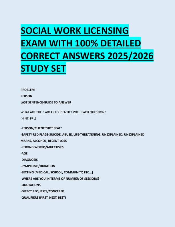 SOCIAL WORK LICENSING  EXAM WITH 100% DETAILED  CORRECT ANSWERS 2025/2026  STUDY SET 
