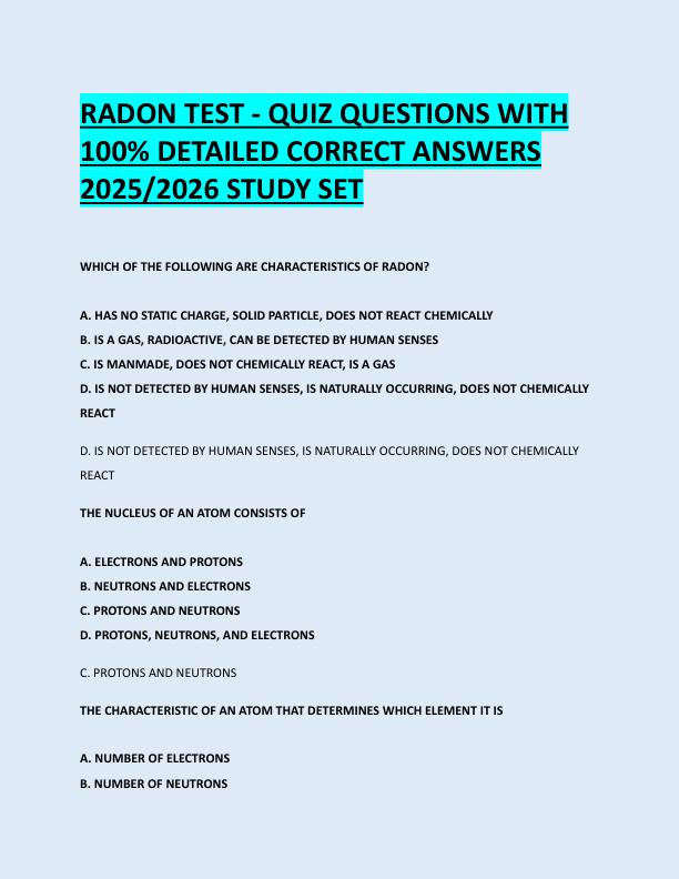 RADON TEST - QUIZ QUESTIONS WITH  100% DETAILED CORRECT ANSWERS  2025/2026 STUDY SET 