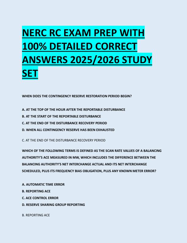 NERC RC EXAM PREP WITH  100% DETAILED CORRECT  ANSWERS 2025/2026 STUDY  SET 