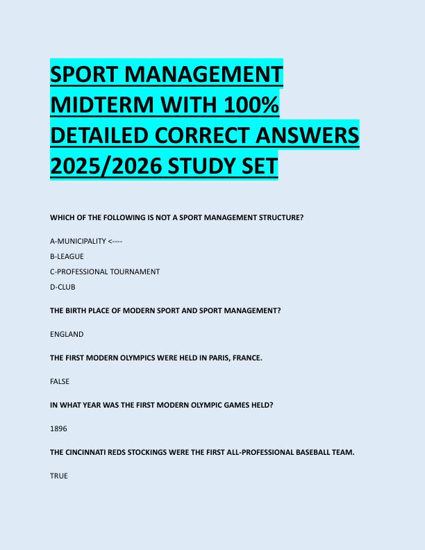 SPORT MANAGEMENT  MIDTERM WITH 100%  DETAILED CORRECT ANSWERS  2025/2026 STUDY SET 