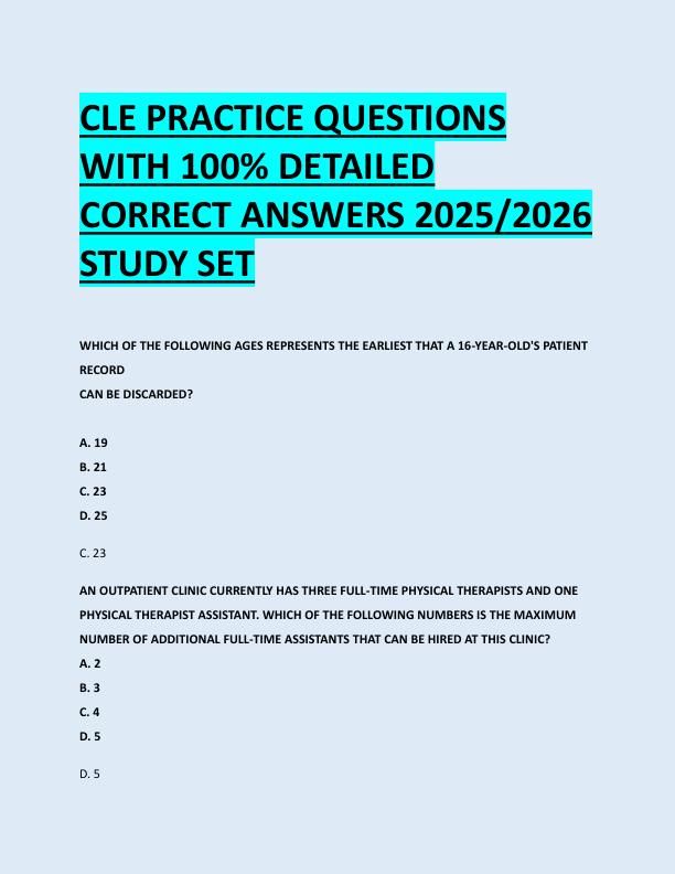 CLE PRACTICE QUESTIONS  WITH 100% DETAILED  CORRECT ANSWERS 2025/2026  STUDY SET 