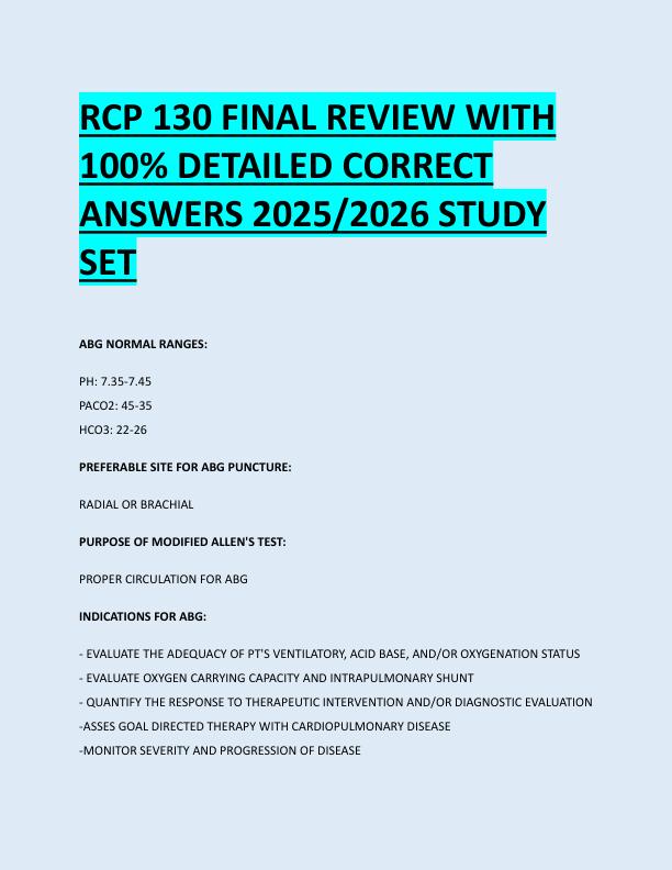 RCP 130 FINAL REVIEW WITH  100% DETAILED CORRECT  ANSWERS 2025/2026 STUDY  SET 