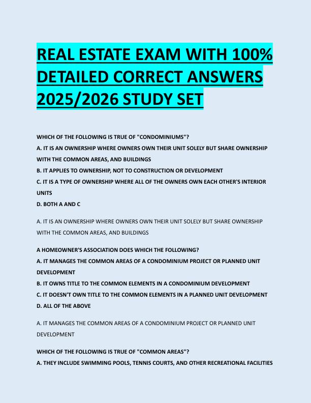 EAL ESTATE EXAM WITH 100%  DETAILED CORRECT ANSWERS  2025/2026 STUDY SET 