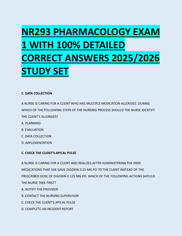 NR293 PHARMACOLOGY EXAM  1 WITH 100% DETAILED  CORRECT ANSWERS 2025/2026  STUDY SET 