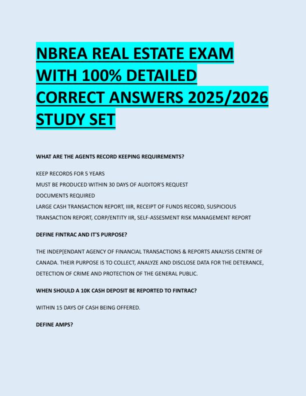 NBREA REAL ESTATE EXAM  WITH 100% DETAILED  CORRECT ANSWERS 2025/2026  STUDY SET 