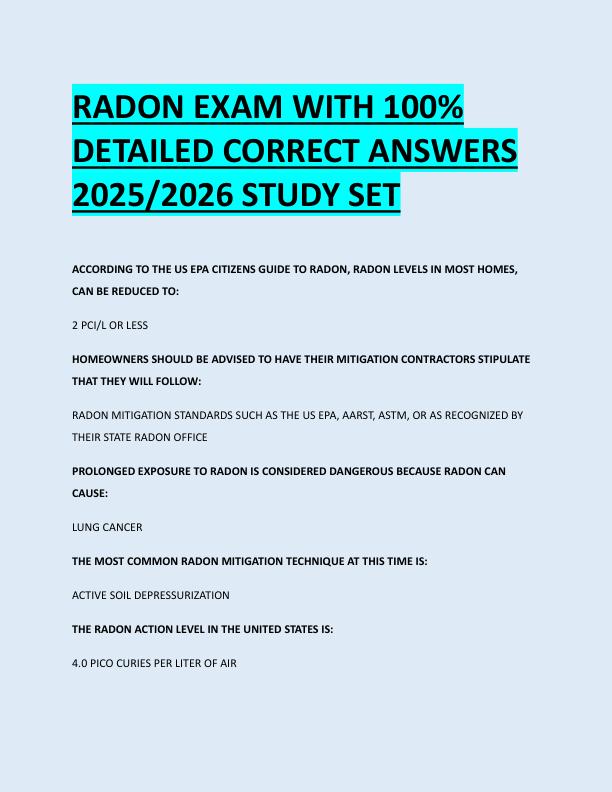 RADON EXAM WITH 100%  DETAILED CORRECT ANSWERS  2025/2026 STUDY SET 
