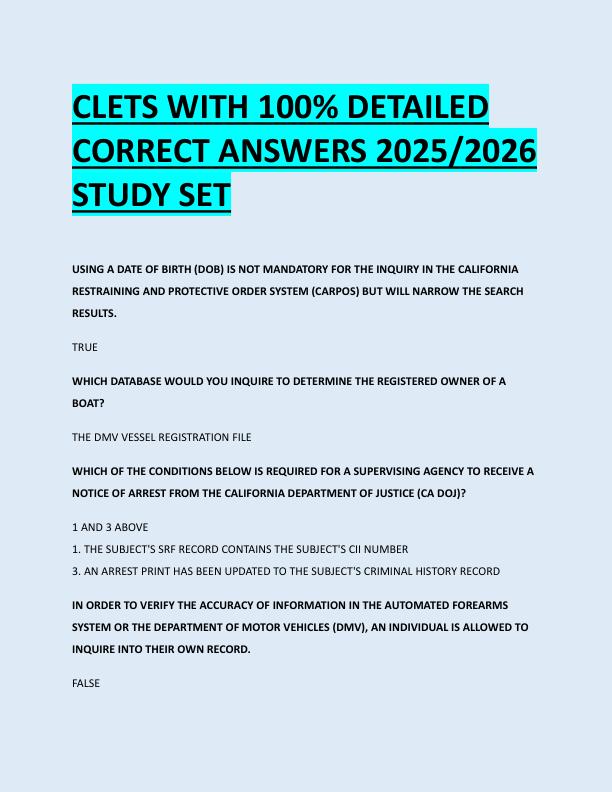 CLETS WITH 100% DETAILED  CORRECT ANSWERS 2025/2026  STUDY SET 