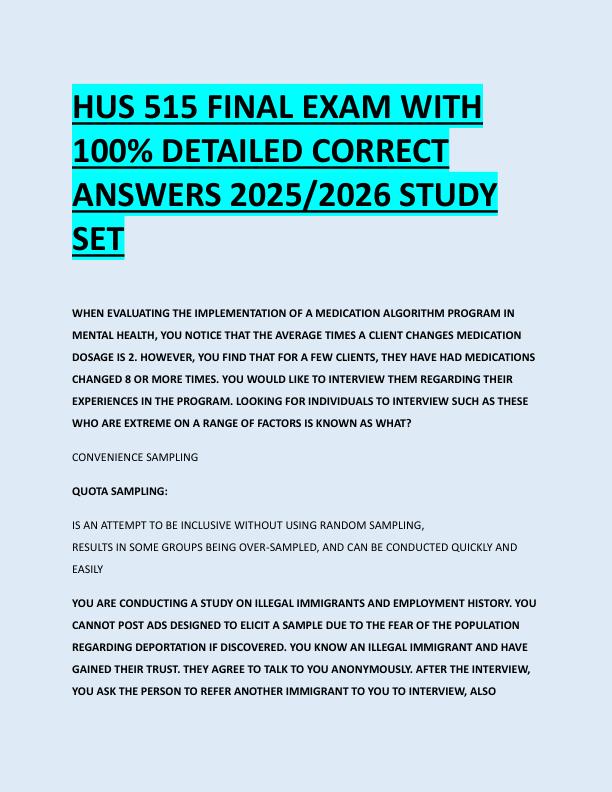 HUS 515 FINAL EXAM WITH  100% DETAILED CORRECT  ANSWERS 2025/2026 STUDY  SET 