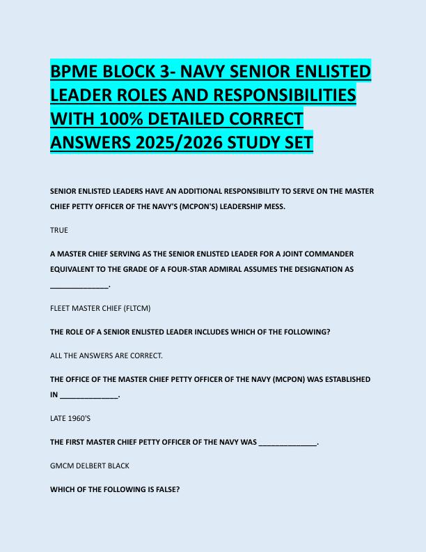 BPME BLOCK 3- NAVY SENIOR ENLISTED  LEADER ROLES AND RESPONSIBILITIES  WITH 100% DETAILED CORRECT  ANSWERS 2025/2026 STUDY SET 