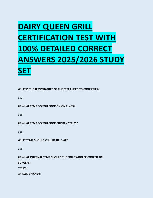 DAIRY QUEEN GRILL  CERTIFICATION TEST WITH  100% DETAILED CORRECT  ANSWERS 2025/2026 STUDY  SET 