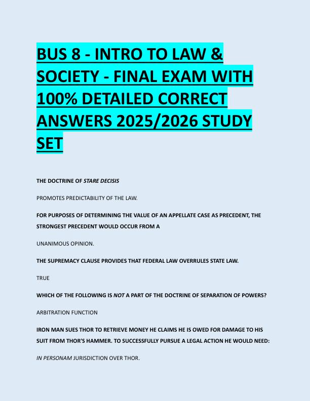 BUS 8 - INTRO TO LAW &  SOCIETY - FINAL EXAM WITH  100% DETAILED CORRECT  ANSWERS 2025/2026 STUDY  SET 