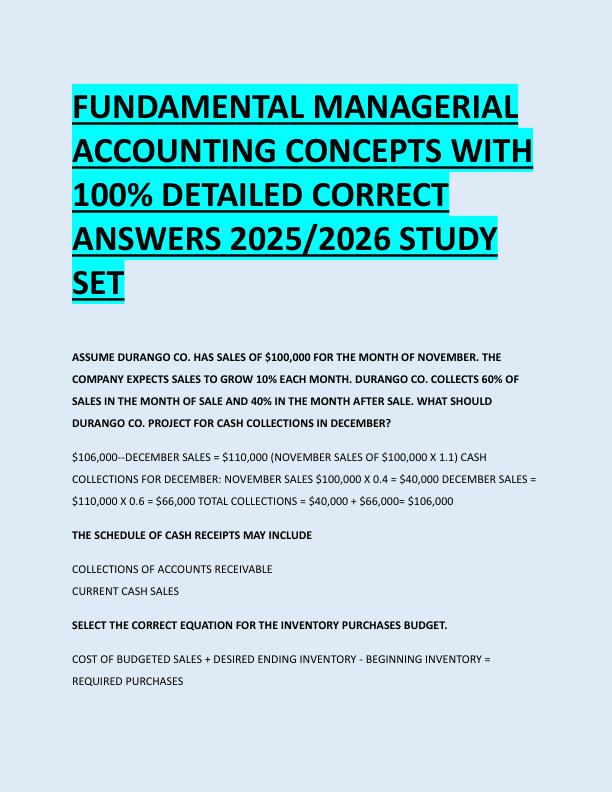 FUNDAMENTAL MANAGERIAL  ACCOUNTING CONCEPTS WITH  100% DETAILED CORRECT  ANSWERS 2025/2026 STUDY  SET 