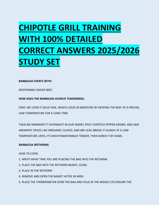 CHIPOTLE GRILL TRAINING  WITH 100% DETAILED  CORRECT ANSWERS 2025/2026  STUDY SET 