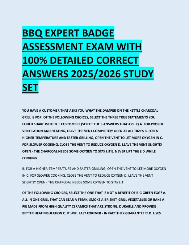 BBQ EXPERT BADGE  ASSESSMENT EXAM WITH  100% DETAILED CORRECT  ANSWERS 2025/2026 STUDY  SET 