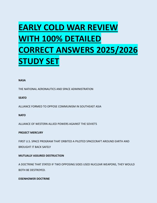 EARLY COLD WAR REVIEW  WITH 100% DETAILED  CORRECT ANSWERS 2025/2026  STUDY SET 