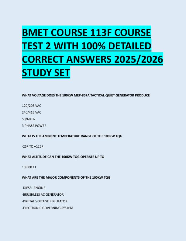 BMET COURSE 113F COURSE  TEST 2 WITH 100% DETAILED  CORRECT ANSWERS 2025/2026  STUDY SET 