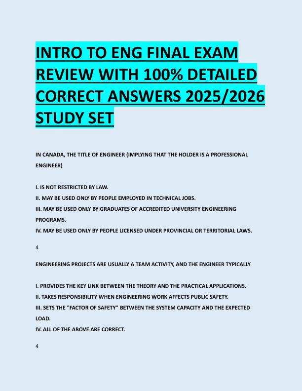 INTRO TO ENG FINAL EXAM  REVIEW WITH 100% DETAILED  CORRECT ANSWERS 2025/2026  STUDY SET 