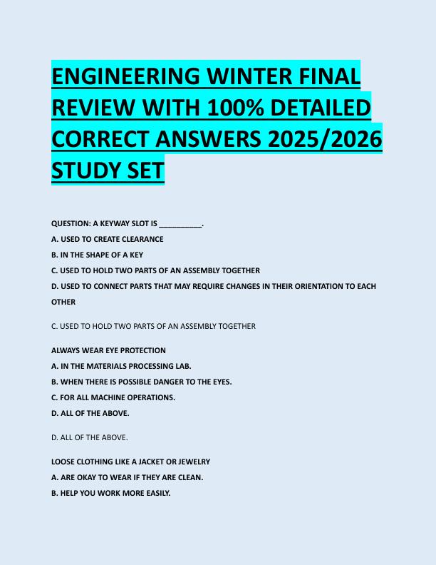 ENGINEERING WINTER FINAL  REVIEW WITH 100% DETAILED  CORRECT ANSWERS 2025/2026  STUDY SET 