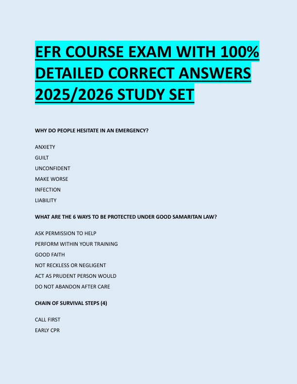 EFR COURSE EXAM WITH 100%  DETAILED CORRECT ANSWERS  2025/2026 STUDY SET 