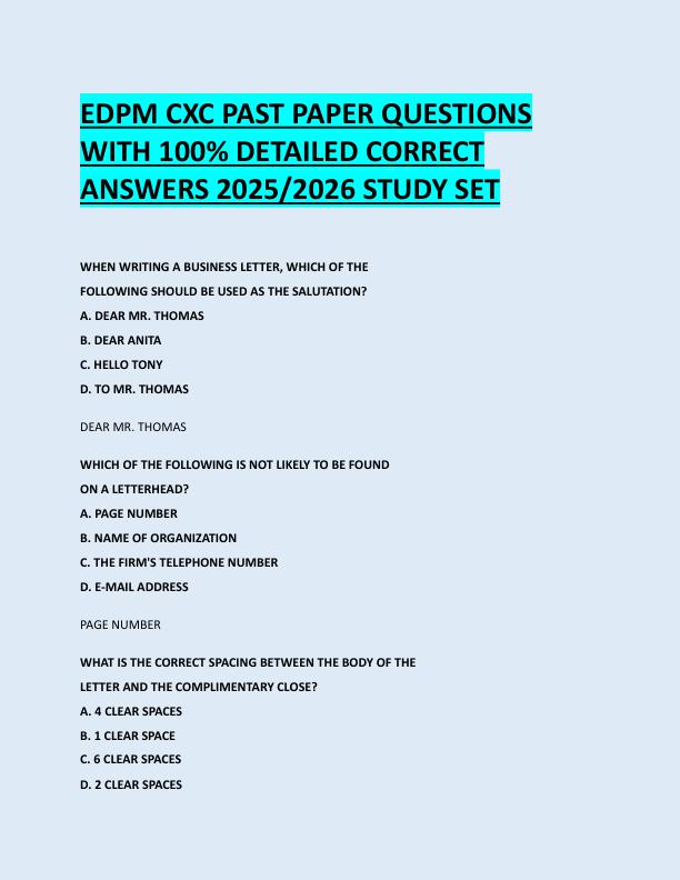 EDPM CXC PAST PAPER QUESTIONS  WITH 100% DETAILED CORRECT  ANSWERS 2025/2026 STUDY SET 