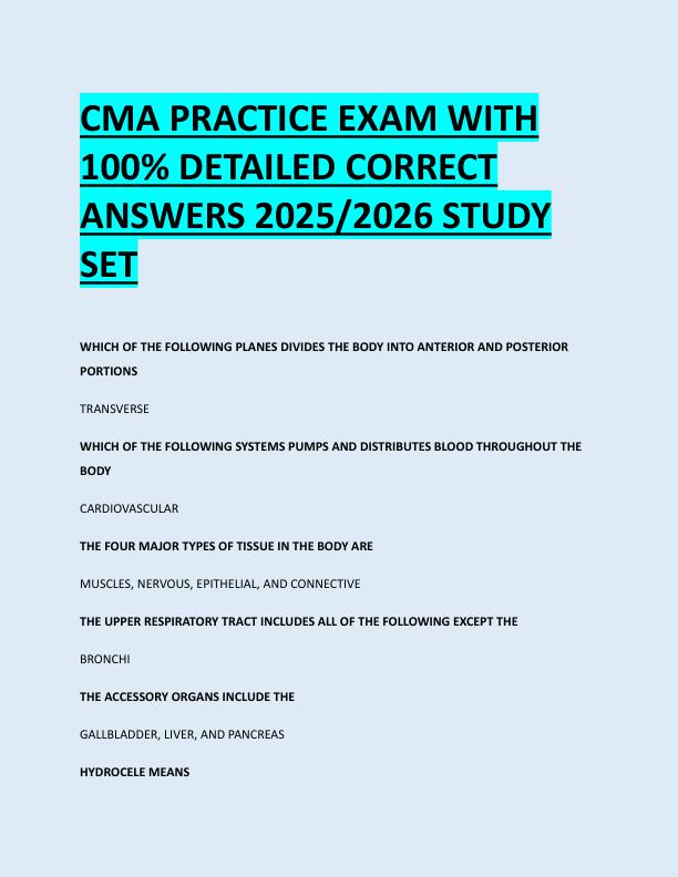 CMA PRACTICE EXAM WITH  100% DETAILED CORRECT  ANSWERS 2025/2026 STUDY  SET 