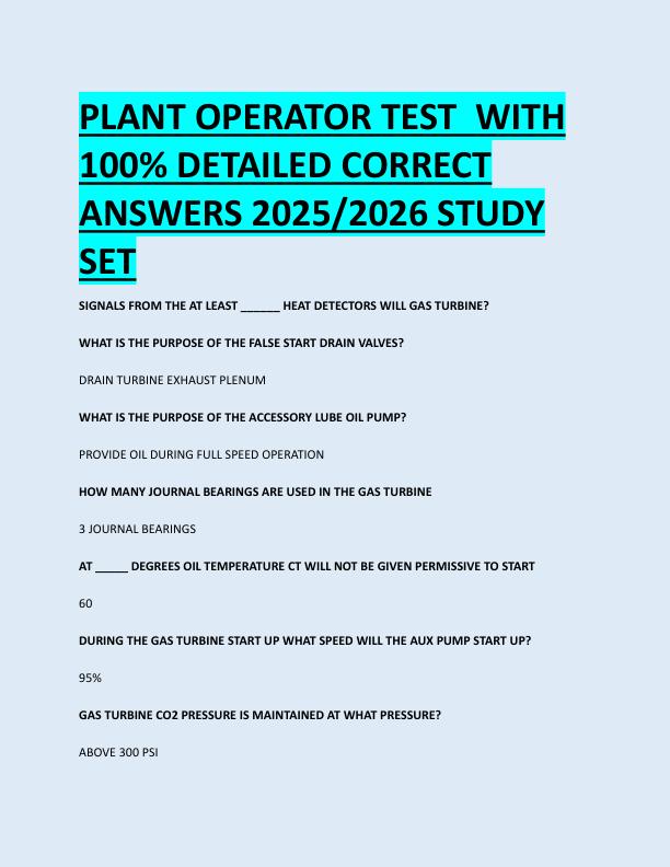 PLANT OPERATOR TEST  WITH  100% DETAILED CORRECT  ANSWERS 2025/2026 STUDY  SET 