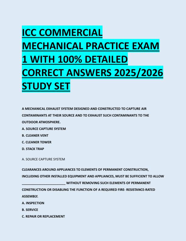 ICC COMMERCIAL  MECHANICAL PRACTICE EXAM  1 WITH 100% DETAILED  CORRECT ANSWERS 2025/2026  STUDY SET 