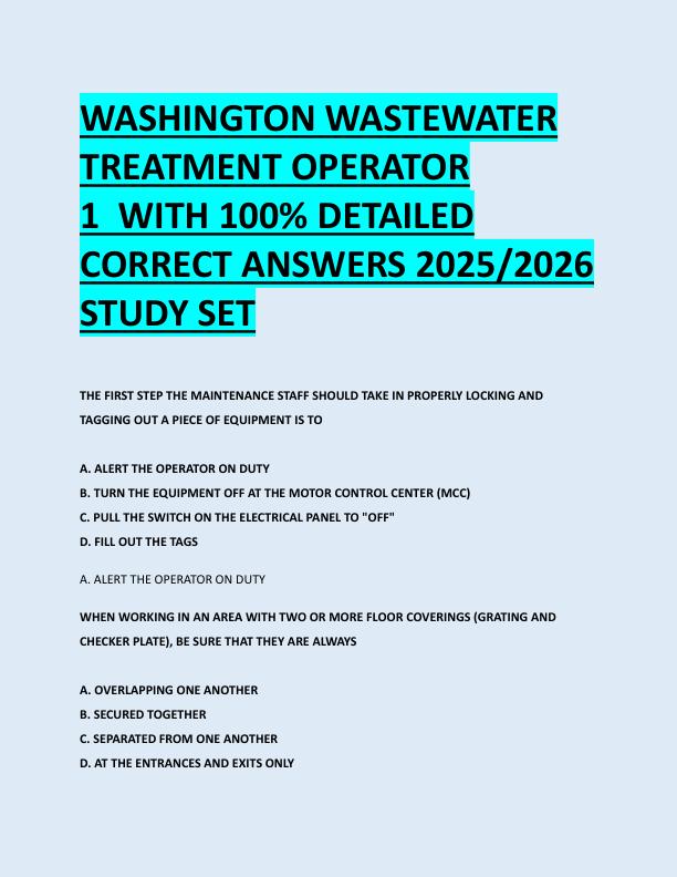 WASHINGTON WASTEWATER  TREATMENT OPERATOR  1  WITH 100% DETAILED  CORRECT ANSWERS 2025/2026  STUDY SET 