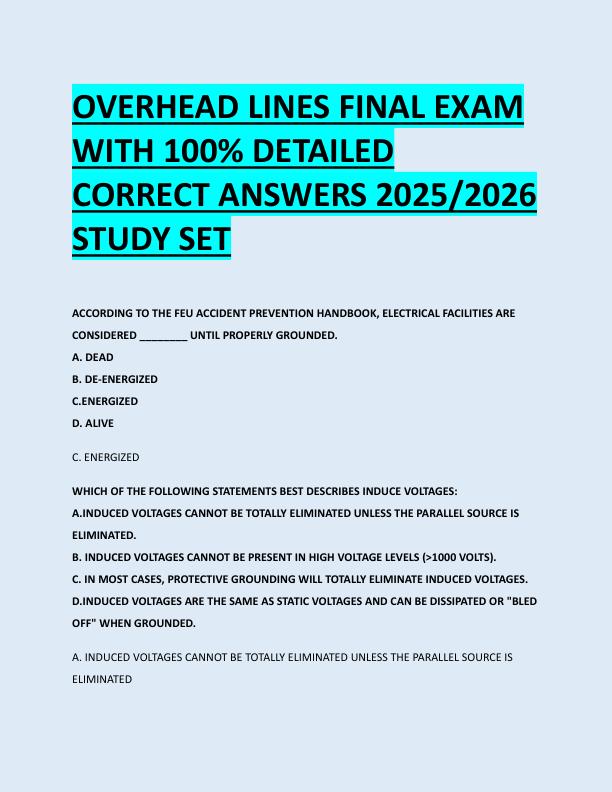 OVERHEAD LINES FINAL EXAM  WITH 100% DETAILED  CORRECT ANSWERS 2025/2026  STUDY SET 