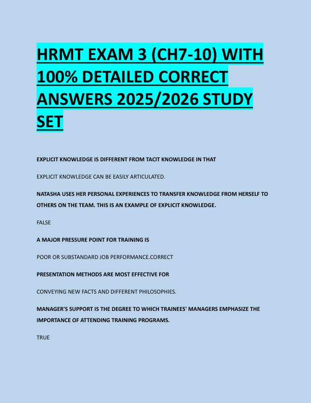 HRMT EXAM 3 (CH7-10) WITH  100% DETAILED CORRECT  ANSWERS 2025/2026 STUDY  SET 