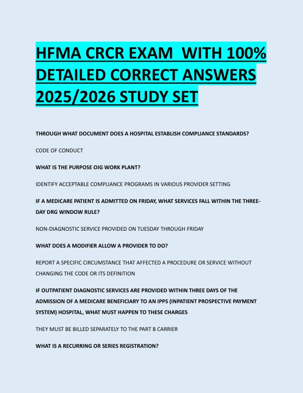 HFMA CRCR EXAM  WITH 100%  DETAILED CORRECT ANSWERS  2025/2026 STUDY SET 