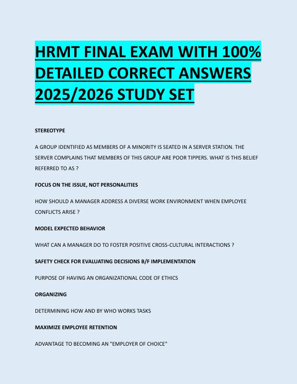 HRMT FINAL EXAM WITH 100%  DETAILED CORRECT ANSWERS  2025/2026 STUDY SET 