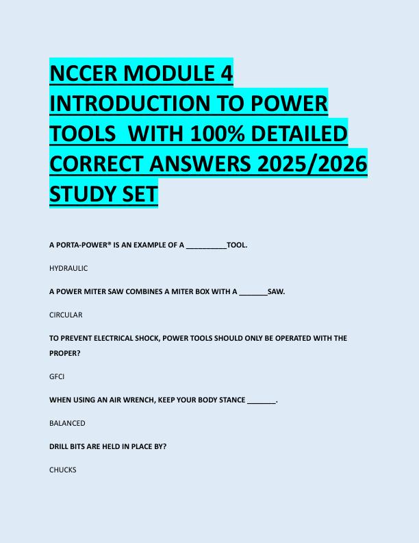 NCCER MODULE 4  INTRODUCTION TO POWER  TOOLS  WITH 100% DETAILED  CORRECT ANSWERS 2025/2026  STUDY SET 