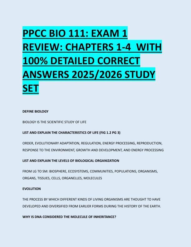 PPCC BIO 111: EXAM 1  REVIEW: CHAPTERS 1-4  WITH  100% DETAILED CORRECT  ANSWERS 2025/2026 STUDY  SET 