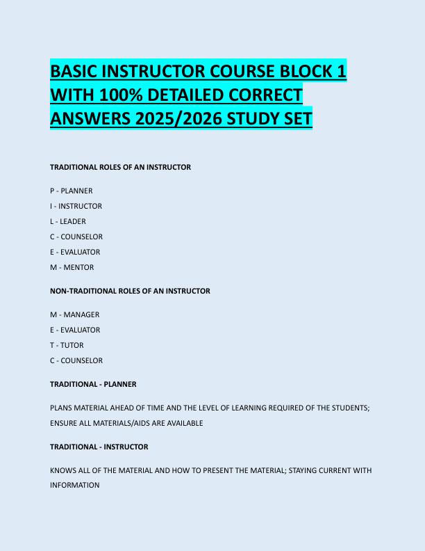 BASIC INSTRUCTOR COURSE BLOCK 1  WITH 100% DETAILED CORRECT  ANSWERS 2025/2026 STUDY SET 
