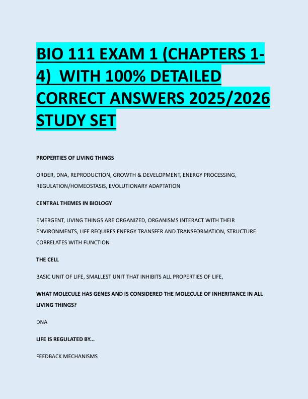BIO 111 EXAM 1 (CHAPTERS 1 4)  WITH 100% DETAILED  CORRECT ANSWERS 2025/2026  STUDY SET 
