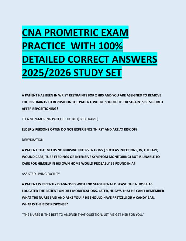 CNA PROMETRIC EXAM  PRACTICE  WITH 100%  DETAILED CORRECT ANSWERS  2025/2026 STUDY SET 