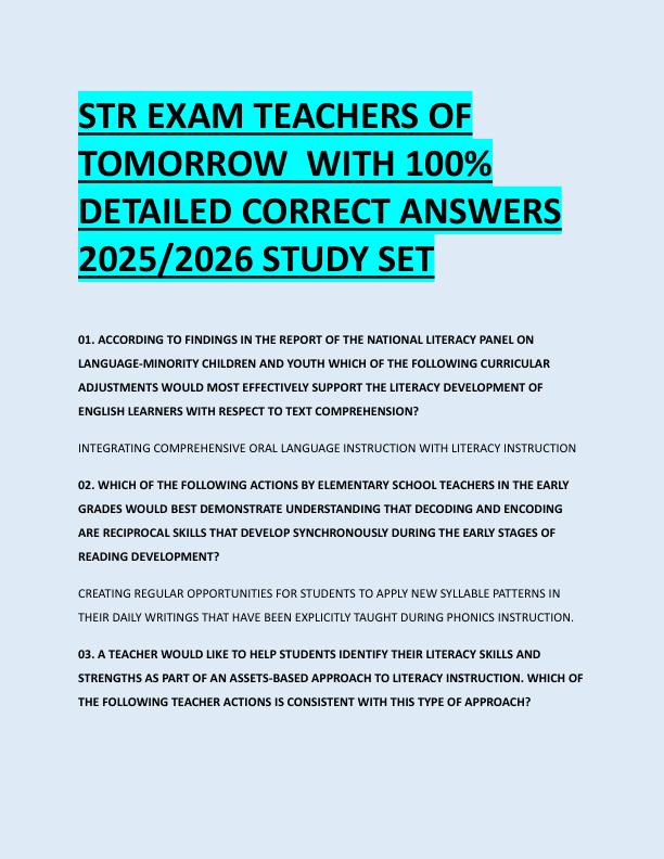 STR EXAM TEACHERS OF  TOMORROW  WITH 100%  DETAILED CORRECT ANSWERS  2025/2026 STUDY SET 